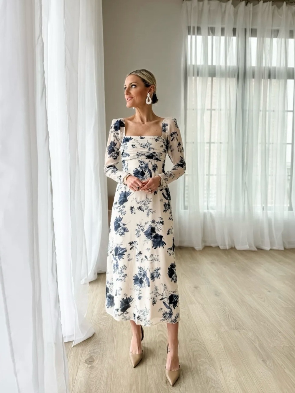 Abercrombie & Fitch Cream Midi Dress with Navy Floral Print and Square Neck
